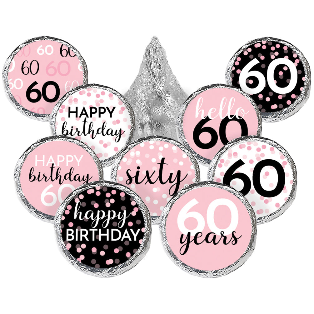 Pink and Black 60th Birthday Stickers - Fits Hersheys Kisses Candy